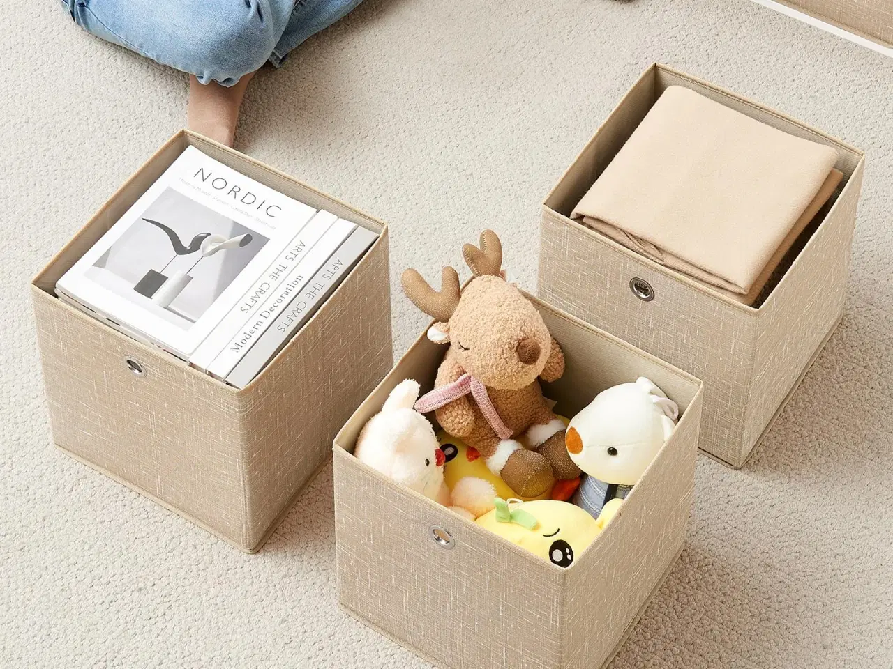 Billede 3 - Sæt med 6 foldbare opbevaringskuber i non-woven – 30 × 30 × 30 cm, sandbeige