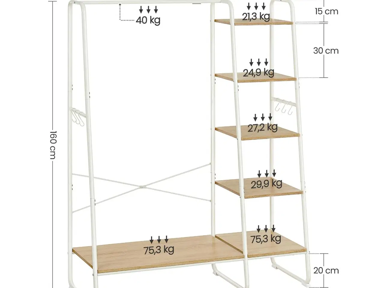 Billede 4 - Tøjstativ med hylder åben garderobe, 45 × 120 × 160 cm, eg/hvid