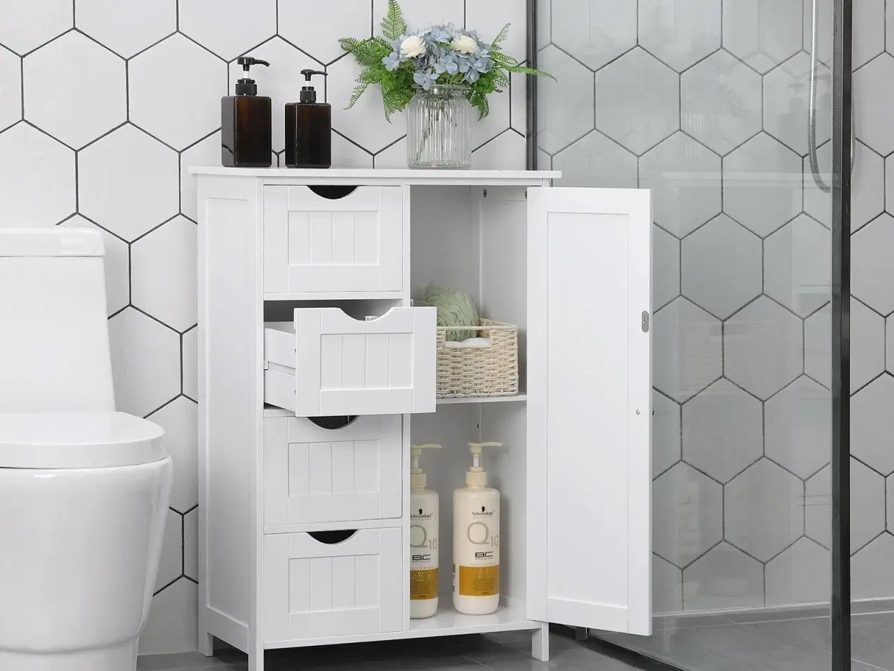 Billede 4 - Opbevaringsskab til badeværelse – VASAGLE, hvid, 4 skuffer, enkeltlåge og justerbar hylde (LHC41W)