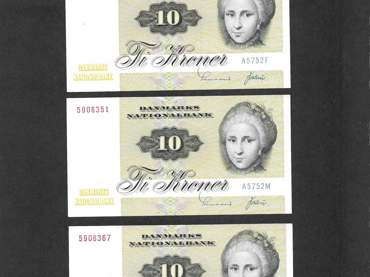 Billede 1 - 10 kr. sedler i samme serie kv. 0 nye