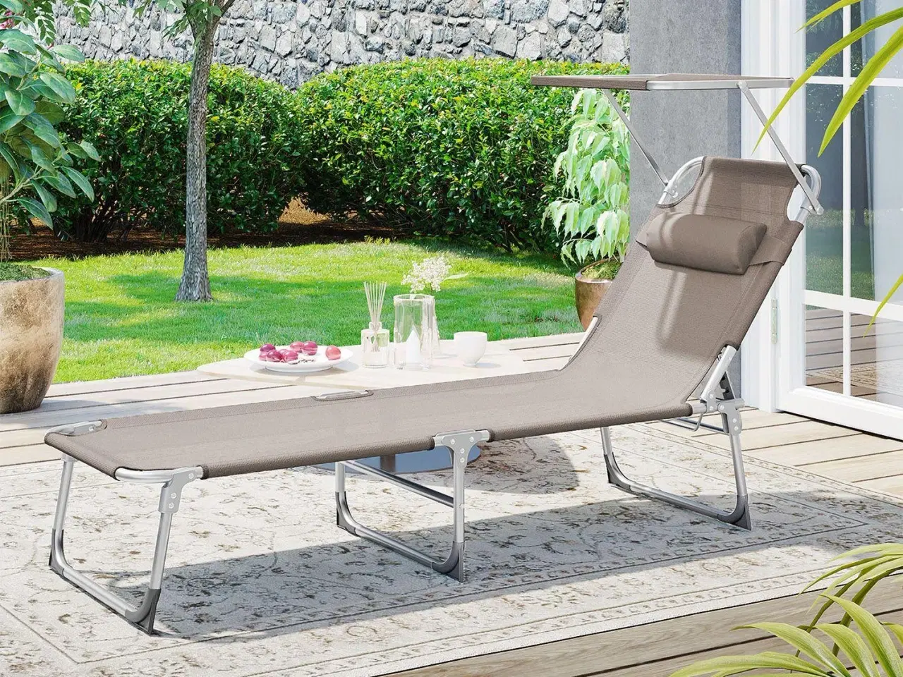 Billede 3 - Solseng med nakkepude og solskærm – justerbar, foldbar, taupe 53 × 193 × 29,5 cm (150 kg)