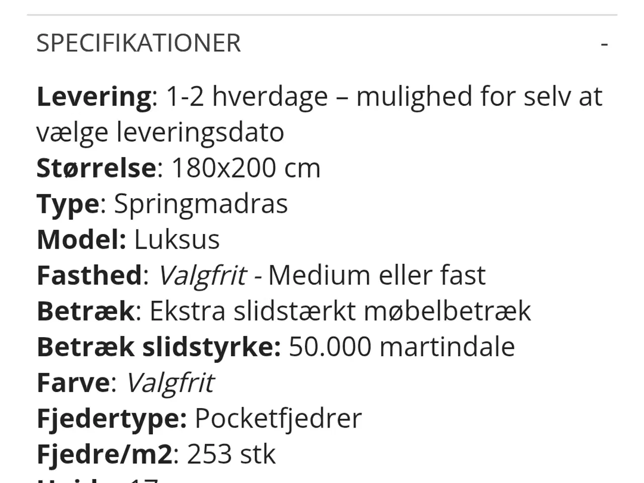 Billede 2 - Springmadras 180x200 cm - Luksus Ekstra god