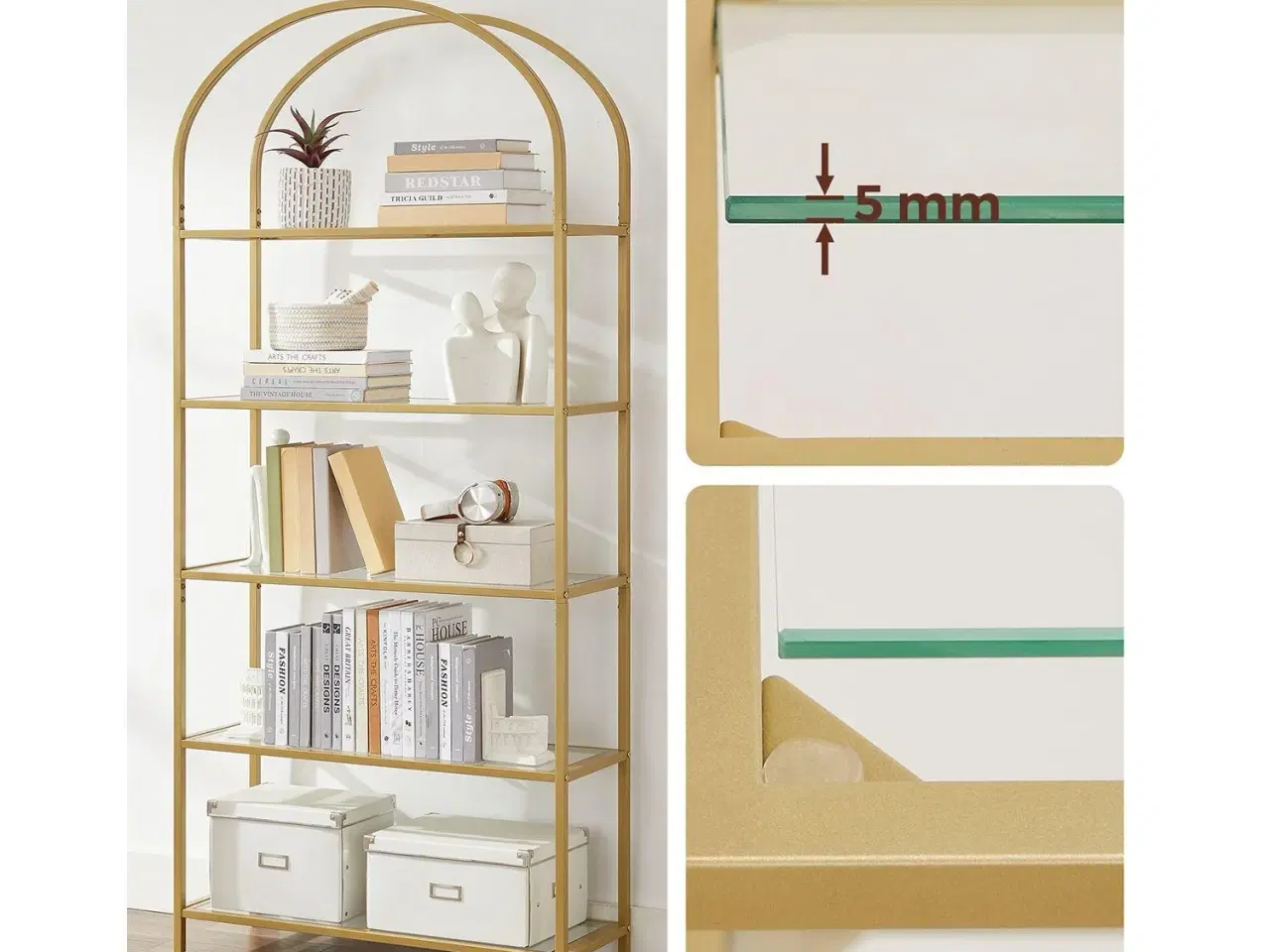 Billede 6 - Reol med 5 hylder – VASAGLE, hærdet glas og stål, buet design, gylden (LGT050A01)