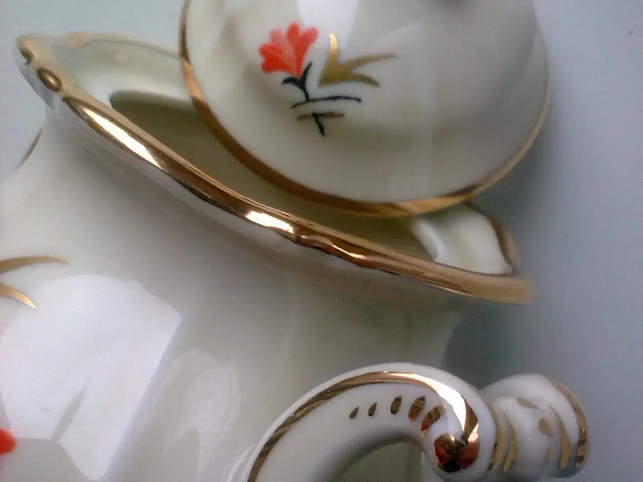 Billede 3 - Art deco dansk RØD BLÅ nelliker på krukke m guld