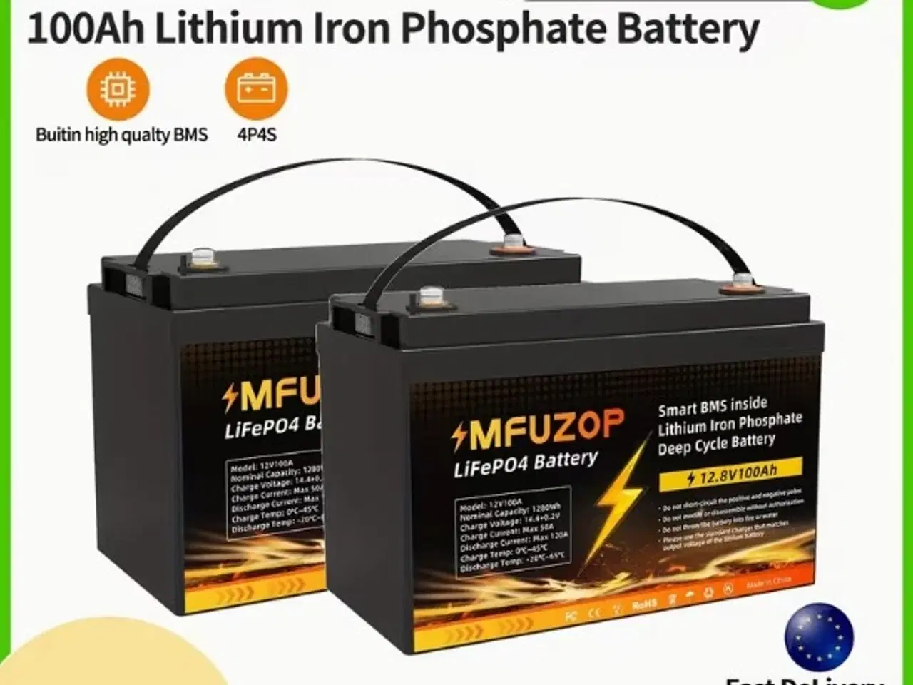Billede 1 - 2.stk 100AH 12.8V BMS Lithium Jernfosfat Batteri 
