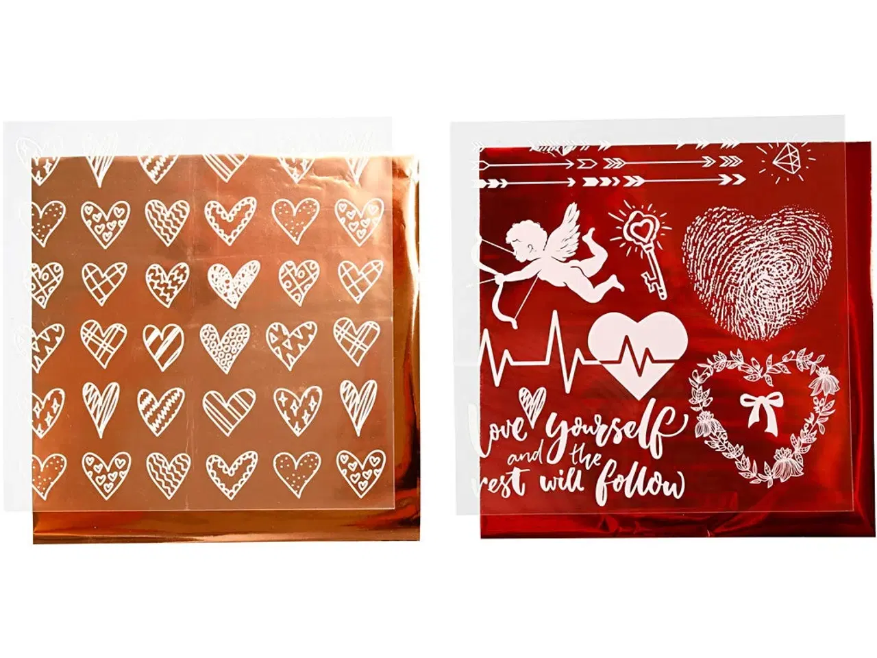 Billede 1 - Dekorationsfolie og design limark, hjerter og kærlighed, ark 15x15 cm, rød, 2x2ark/ 1 pk.