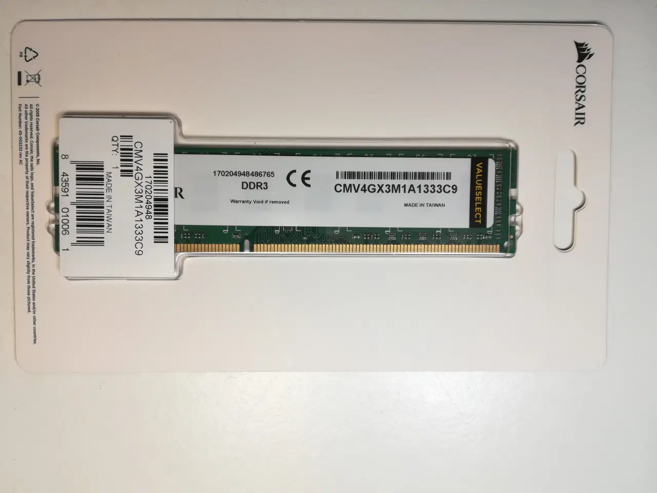 Billede 1 - Corsair DDR3 1x4GB 1333MHz Ram Valueselect