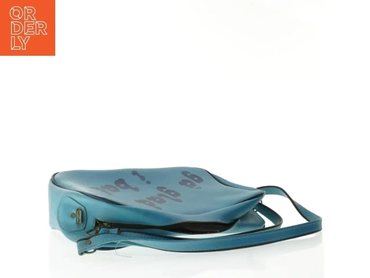 Billede 2 - Blå skuldertaske med tekst 'gå glad i bad' (str. 40 x 28 x 10 cm)