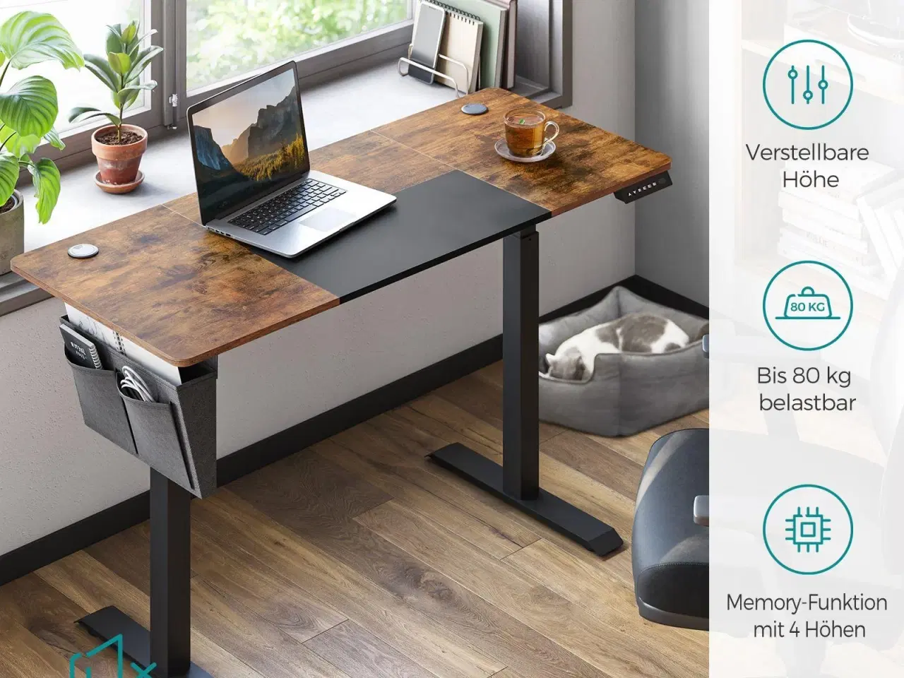 Billede 2 - Hæve-sænkebord, elektrisk – 60 × 140 × 72–120 cm, 4 hukommelser, belastningssikring, vintage brun/sort (LSD016X01)