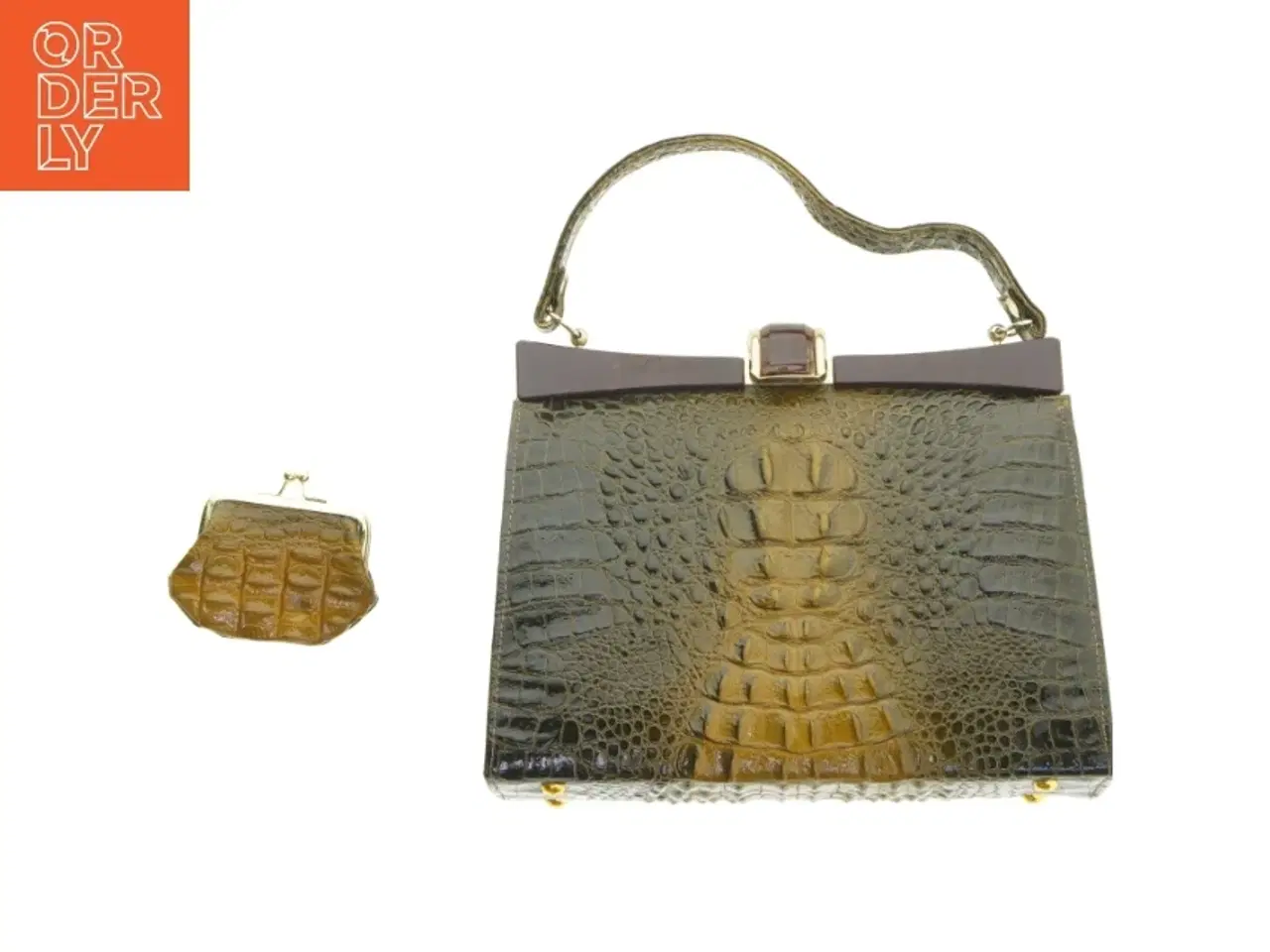 Billede 1 - Vintage krokodillemønstret håndtaske med pung (str. 25,5x8 cm)