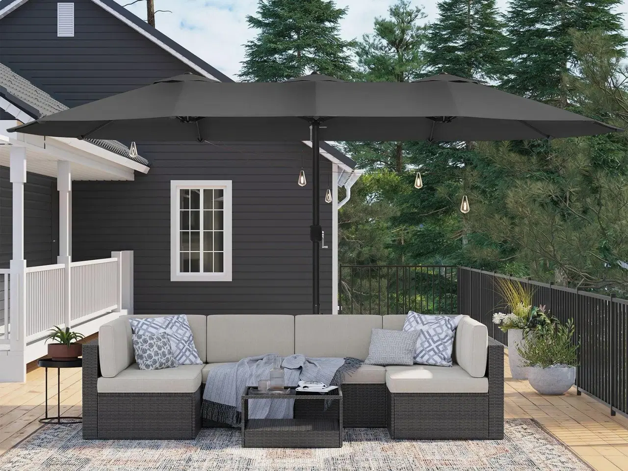 Billede 4 - Parasol dobbelt 460 × 270 cm stor terrasseparasol med svej, UPF 50+, håndsving, grå (uden base)