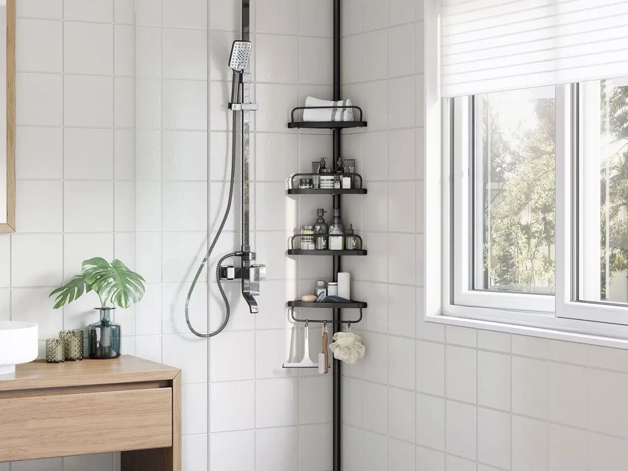 Billede 2 - Hjørnehylde til bad teleskop brusekurv, 85–305 cm, gulv-til-loft, 4 hylder, 3 kroge, sort
