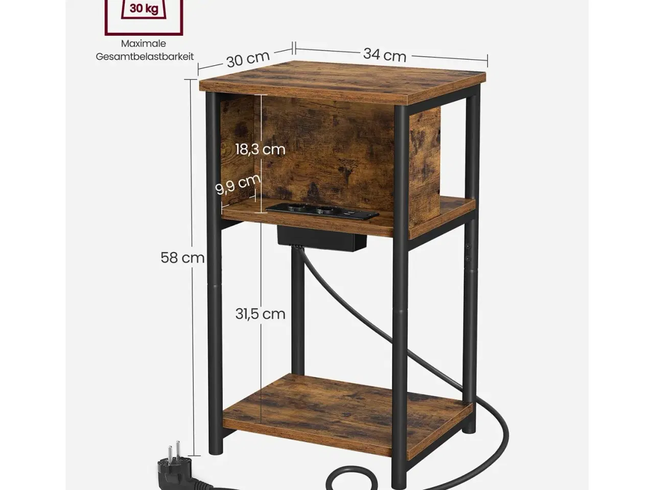 Billede 5 - Sengebord/sidebord med stik smalt, 2 AC + 2 USB, 30 × 34 × 58 cm, vintage brun/sort