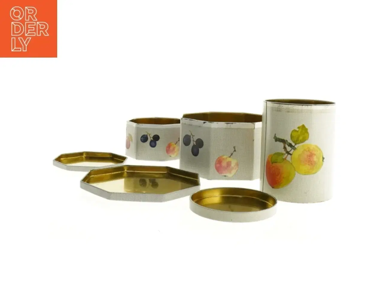 Billede 1 - Vintage kasedåser med frugtdekoration - 3 stk (str. 7 cm 10 cm og 14 cm høje)