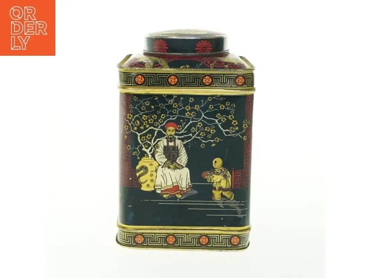 Billede 3 - Vintage Tindekasse med Asiatiske Motiver (str. H. 22 cm. 14,5 x 14,5 cm)