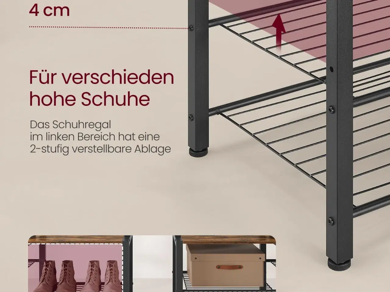 Billede 6 - Entrémøbel med bænk og skohylde 140 × 120 × 190 cm, vintagebrun/sort