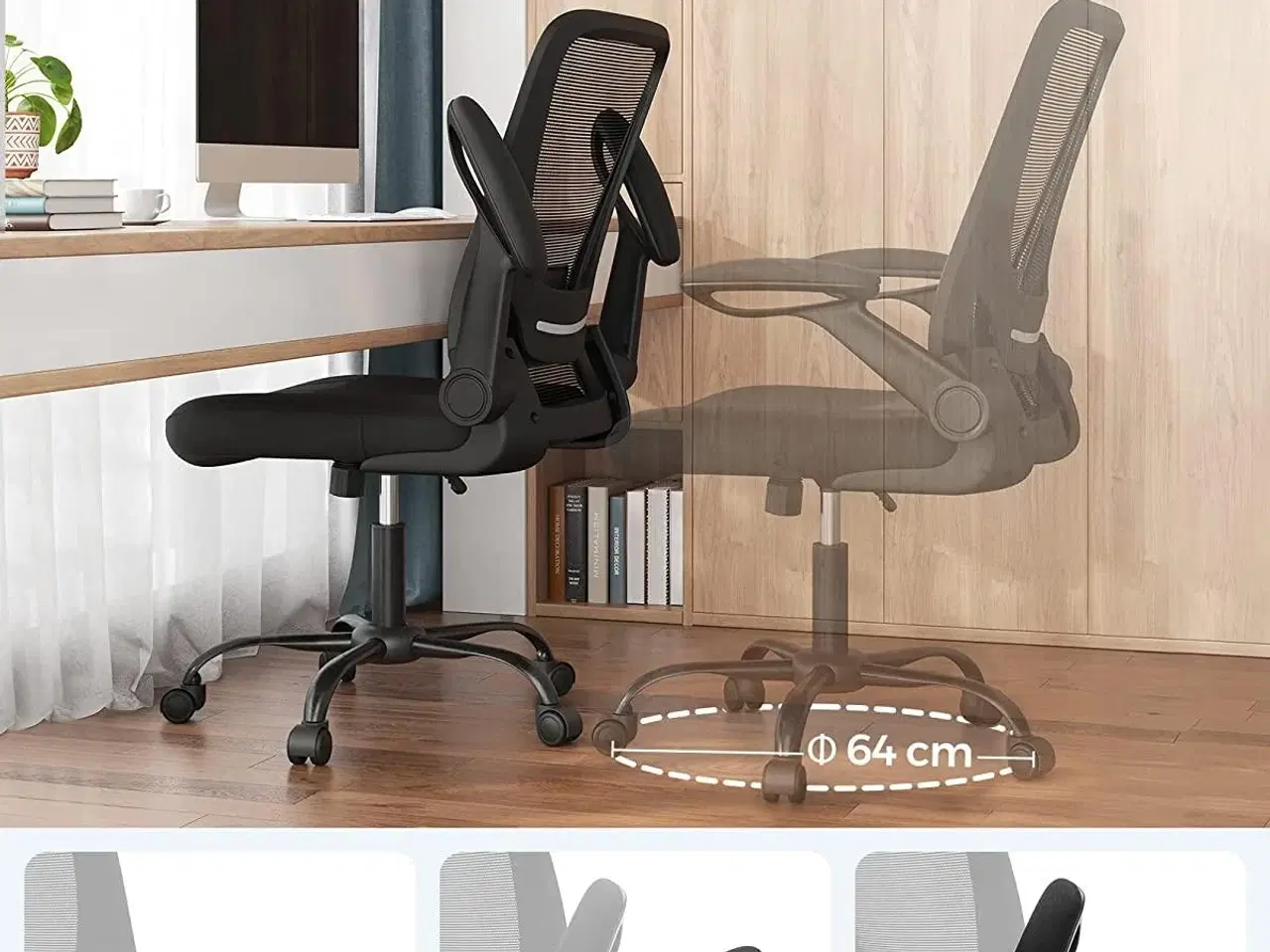 Billede 5 - Kontorstol mesh med armlæn ergonomisk stol, 53 cm sæde, sort