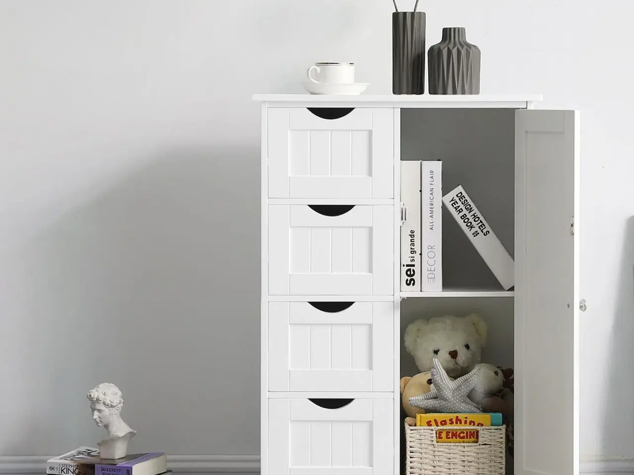 Billede 3 - Opbevaringsskab til badeværelse – VASAGLE, hvid, 4 skuffer, enkeltlåge og justerbar hylde (LHC41W)