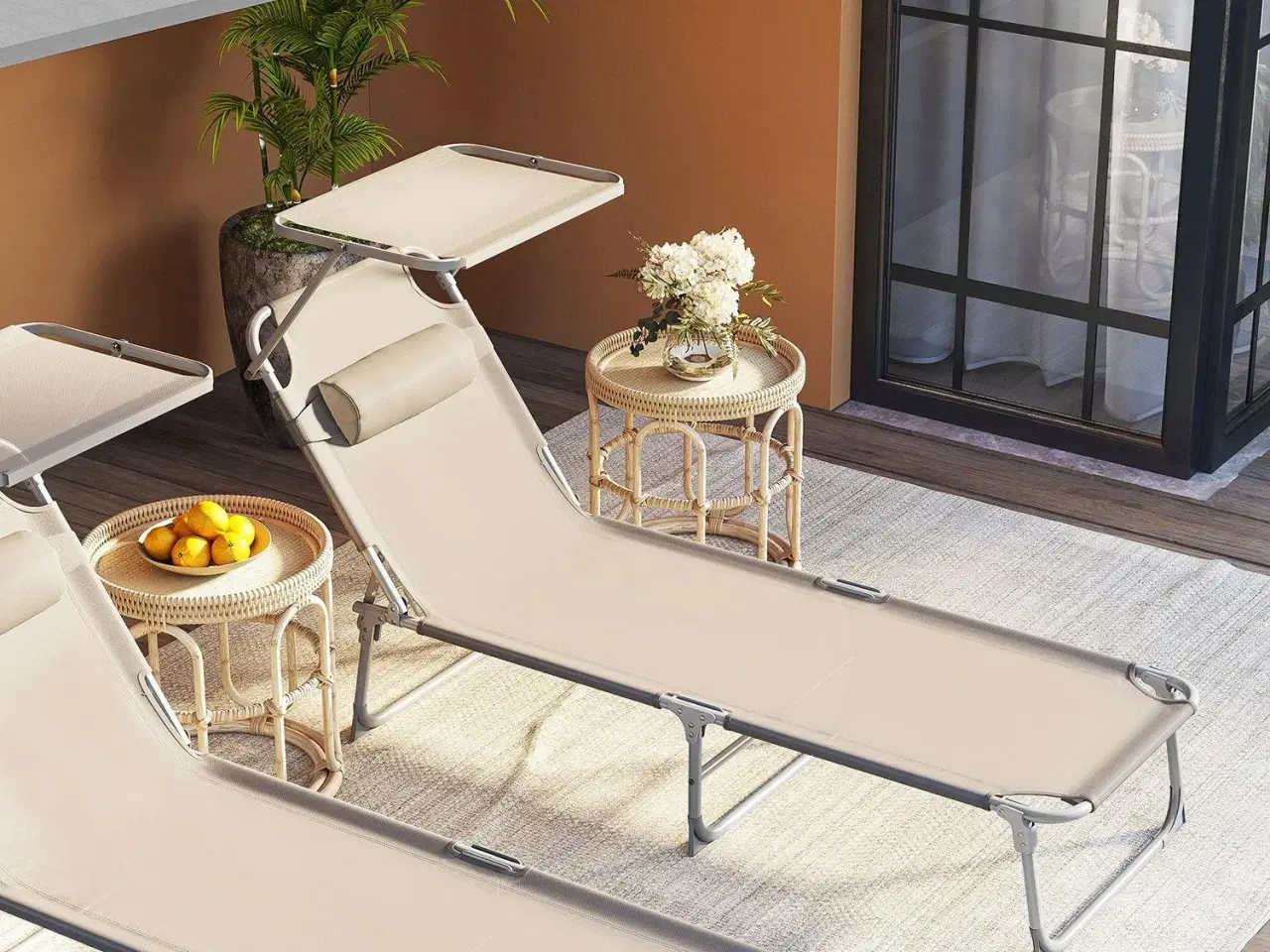 Billede 4 - Solseng med nakkepude og solskærm – justerbar, foldbar, taupe 53 × 193 × 29,5 cm (150 kg)