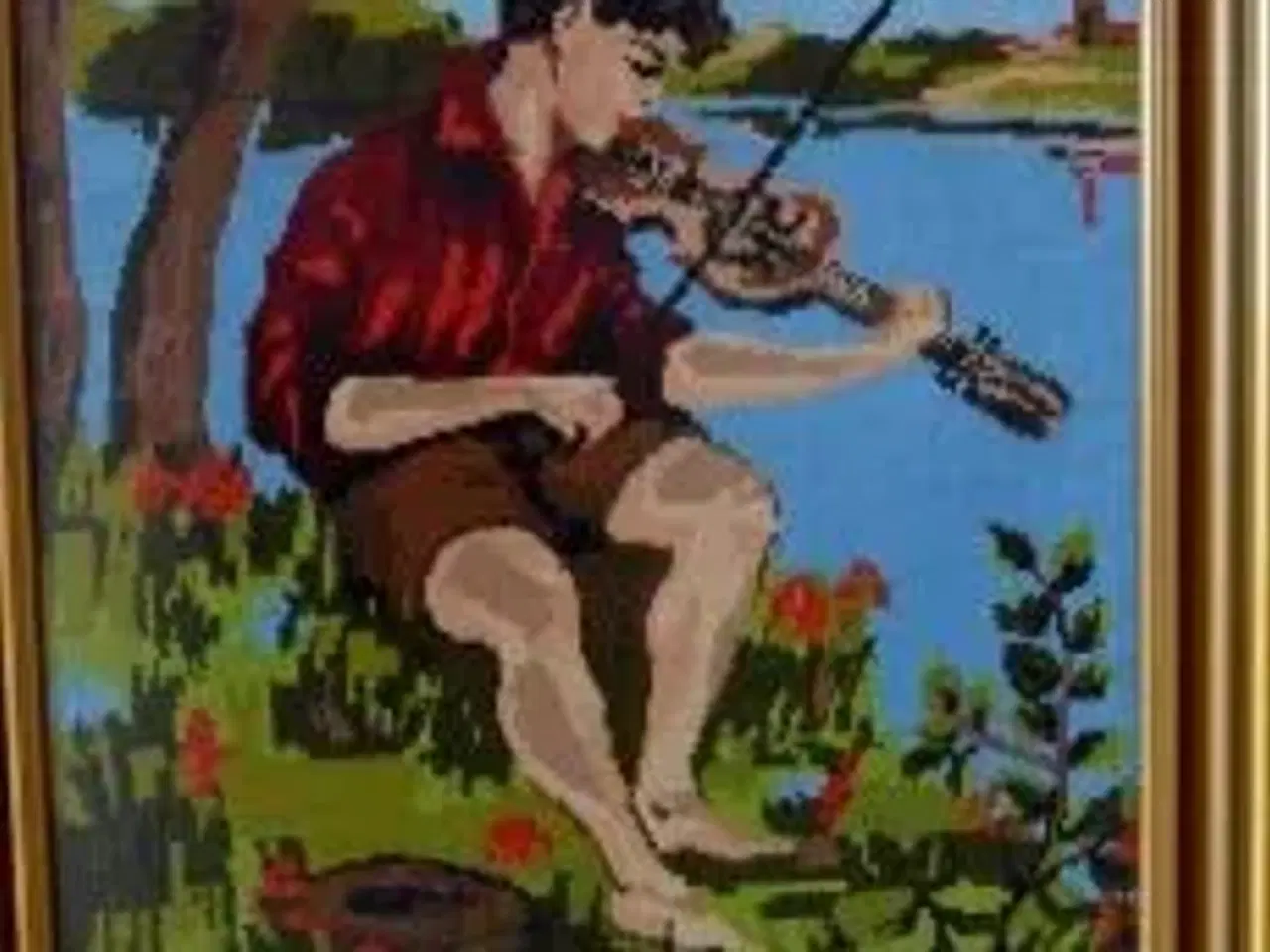 Billede 1 - Broderi i guldramme "Dreng med violin"