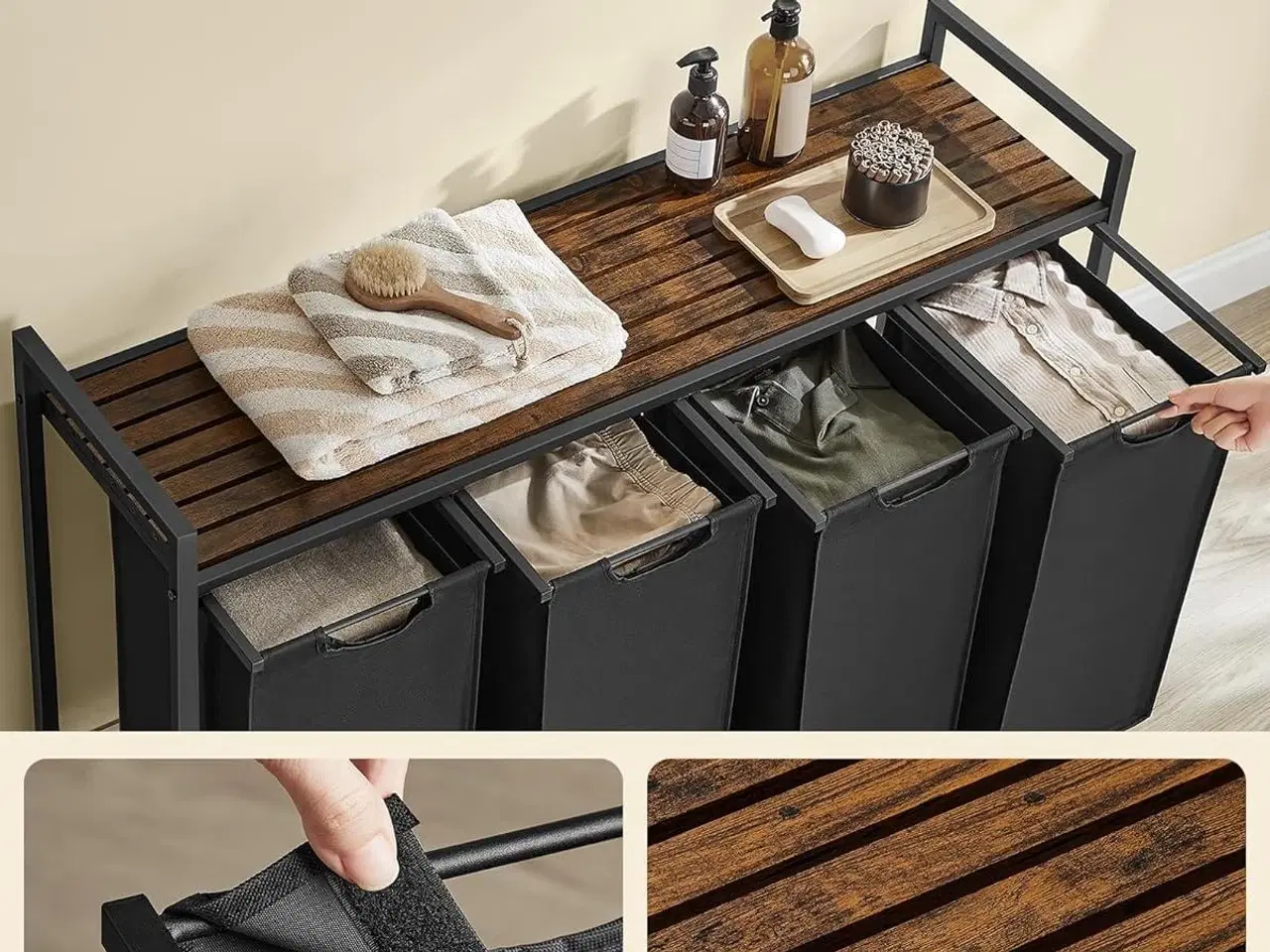 Billede 5 - Vasketøjskurv med 4 rum udtræk og aftagelige poser, sorteringssystem med hylde, metalramme, 4 × 40 l, 116 × 33 × 72 cm, rustik brun/sort