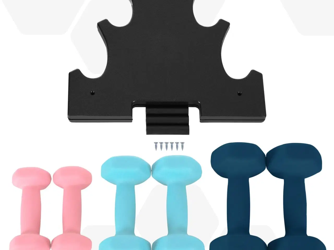 Billede 3 - Håndvægtsæt med stativ – SONGMICS hex håndvægte 2×1 kg, 2×2 kg, 2×3 kg, neopren, pink/aqua/blå