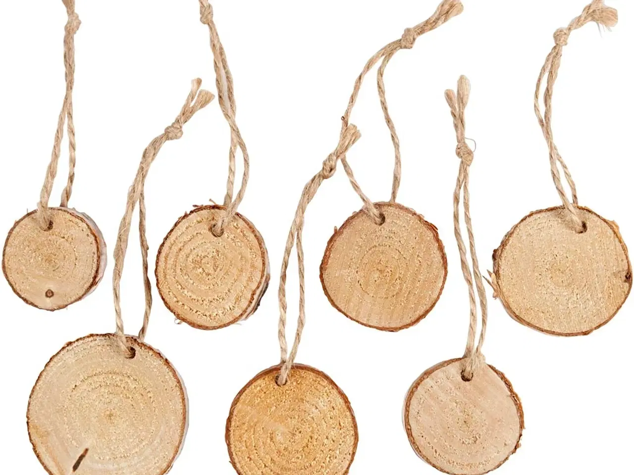 Billede 1 - Rustikke træskiver med snor - 7 stk. til kreative projekter