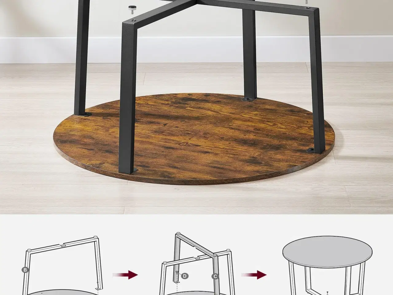 Billede 6 - Sofabord rundt industrielt design, rustik brun/sort, Ø88 × H47 cm