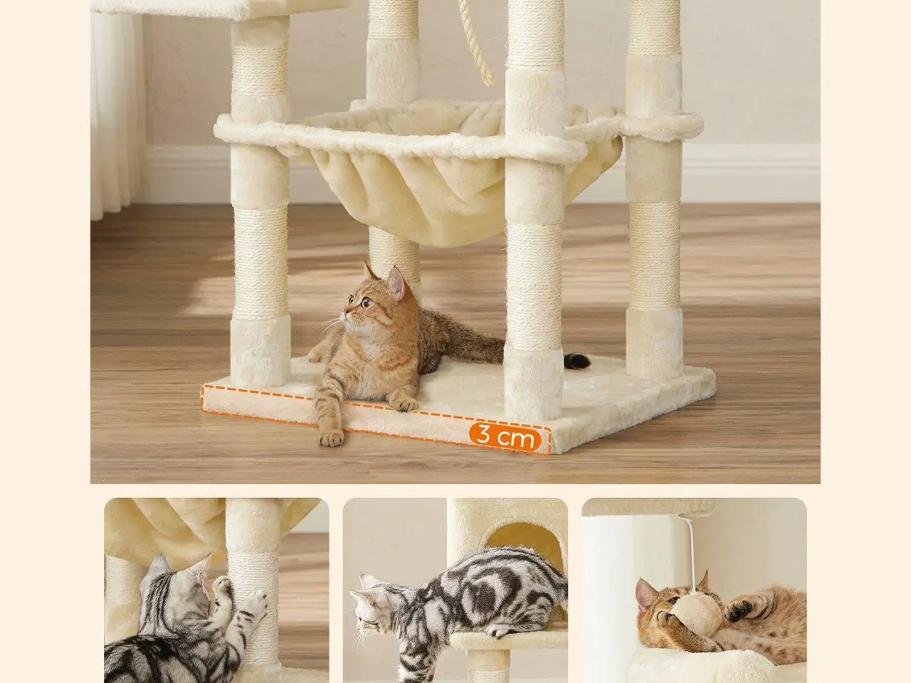 Billede 7 - Kattetårn med kradsetræ – FEANDREA, 2 plyssede udkigspladser, 143 cm, beige