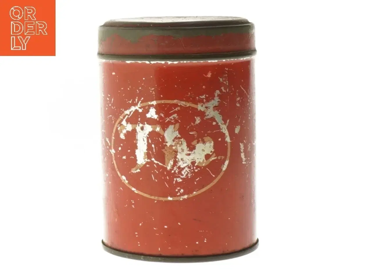 Billede 1 - Rund rød The metaldåse med låg (str. Ø 9,5 cm længde 13,5 cm)