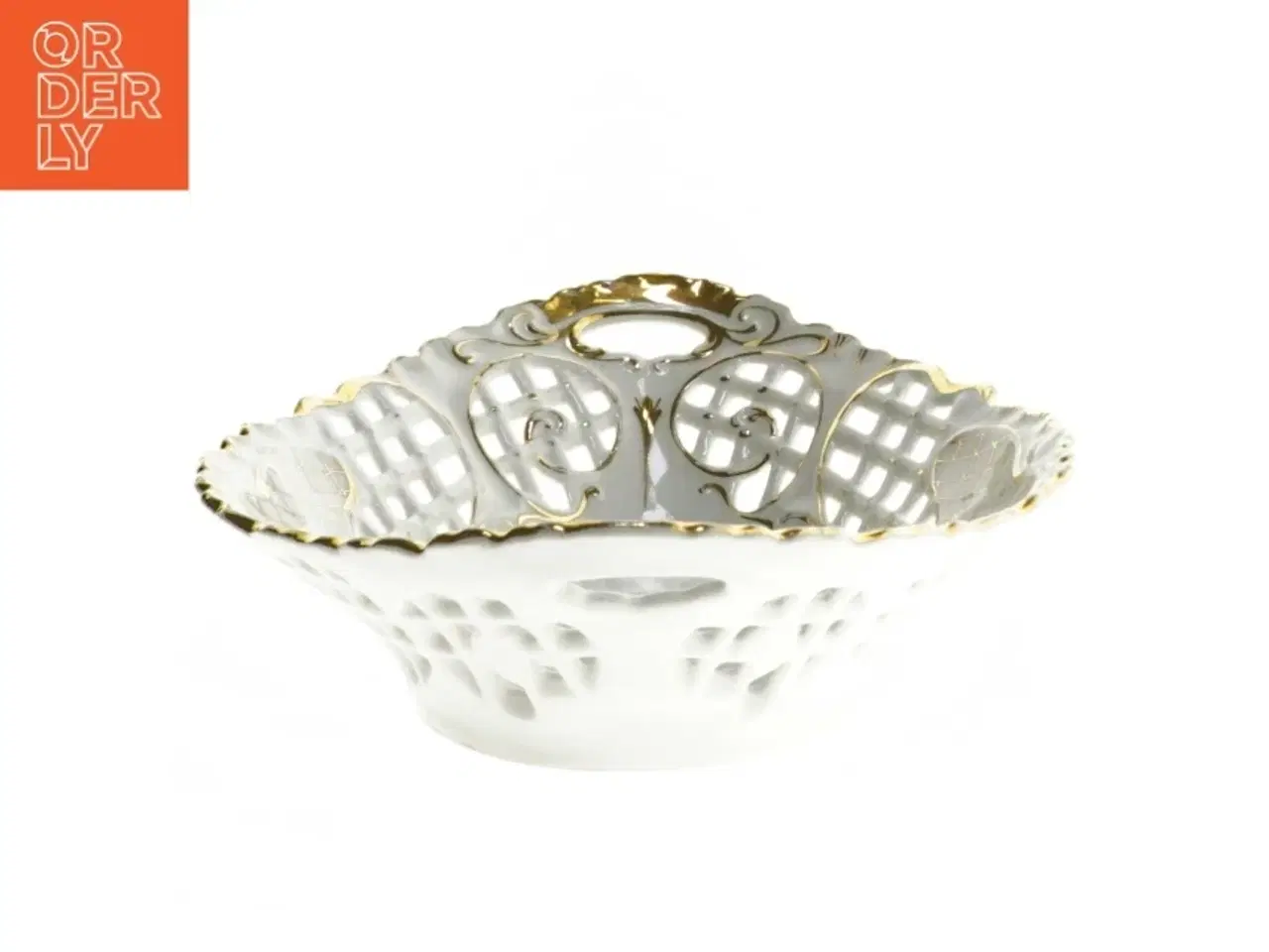 Billede 2 - Porcelænsskål med gennembrudt mønster og guldkant (str. 29 x 30 cm)