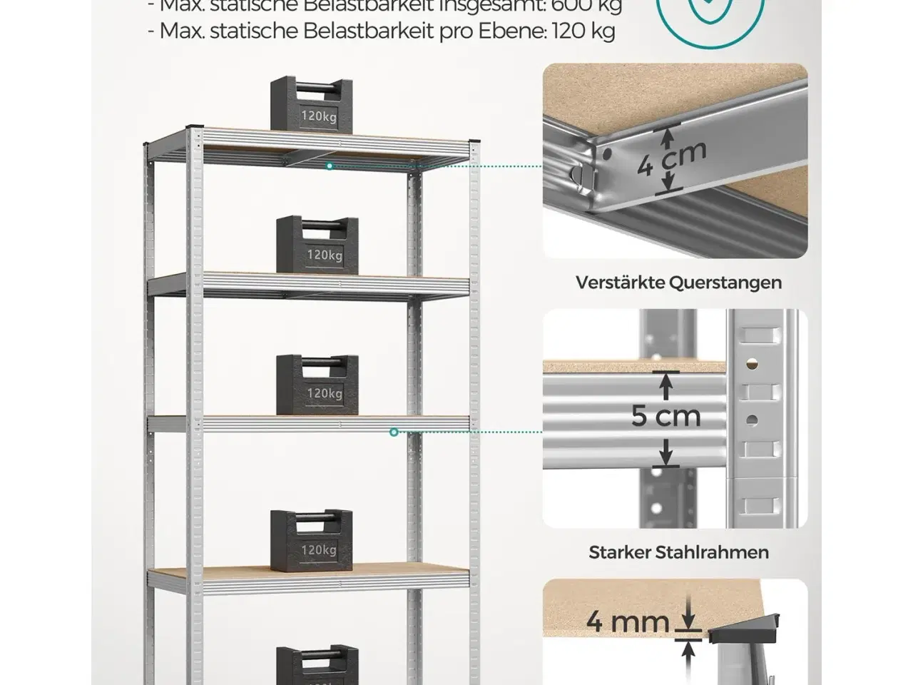Billede 3 - Reol til garage 5 hylder sæt á 2, stål, 50 × 100 × 200 cm, sølv