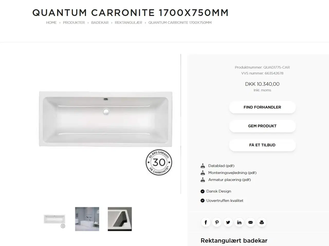 Billede 5 - Strömberg Badekar Quantum Carronite 1700x750mm