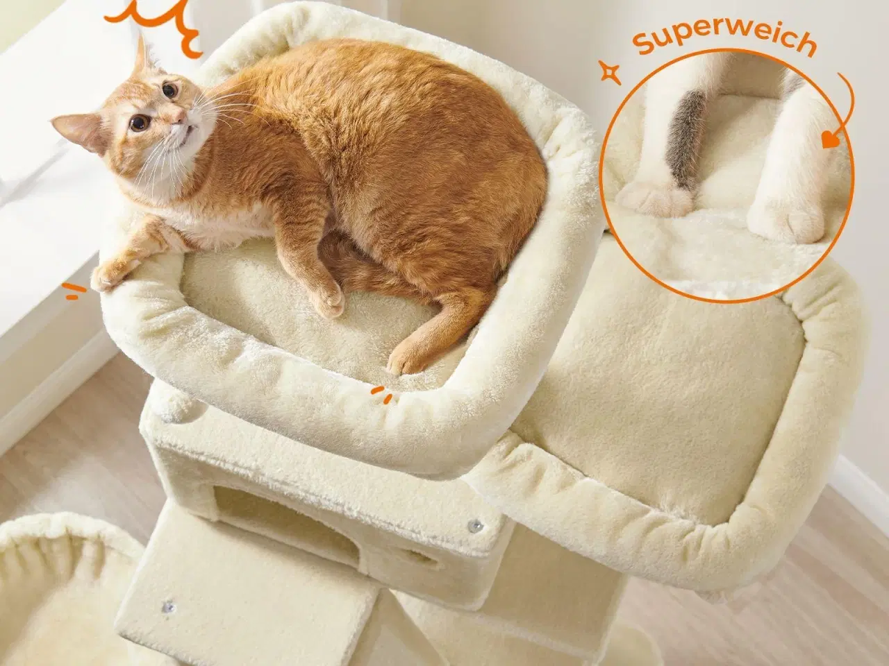 Billede 3 - Klatretræ til kat Feandrea, XXL kradsetræ 206 cm, 13 kradsepæle, 2 platforme, 2 huler, hængekøje og kurv, beige