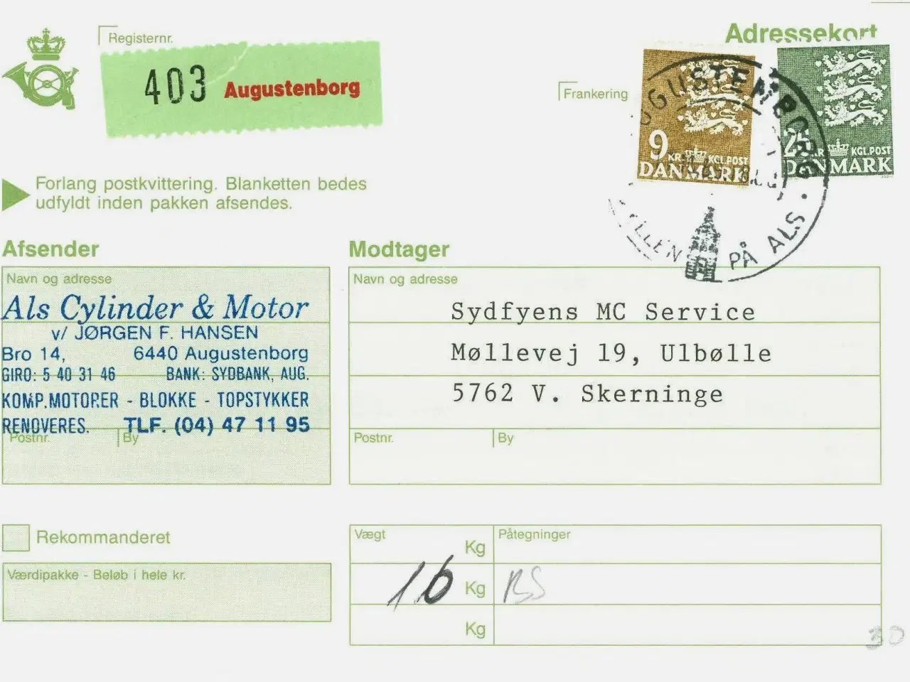 Billede 1 - Adressekort. Augustenborg 1989