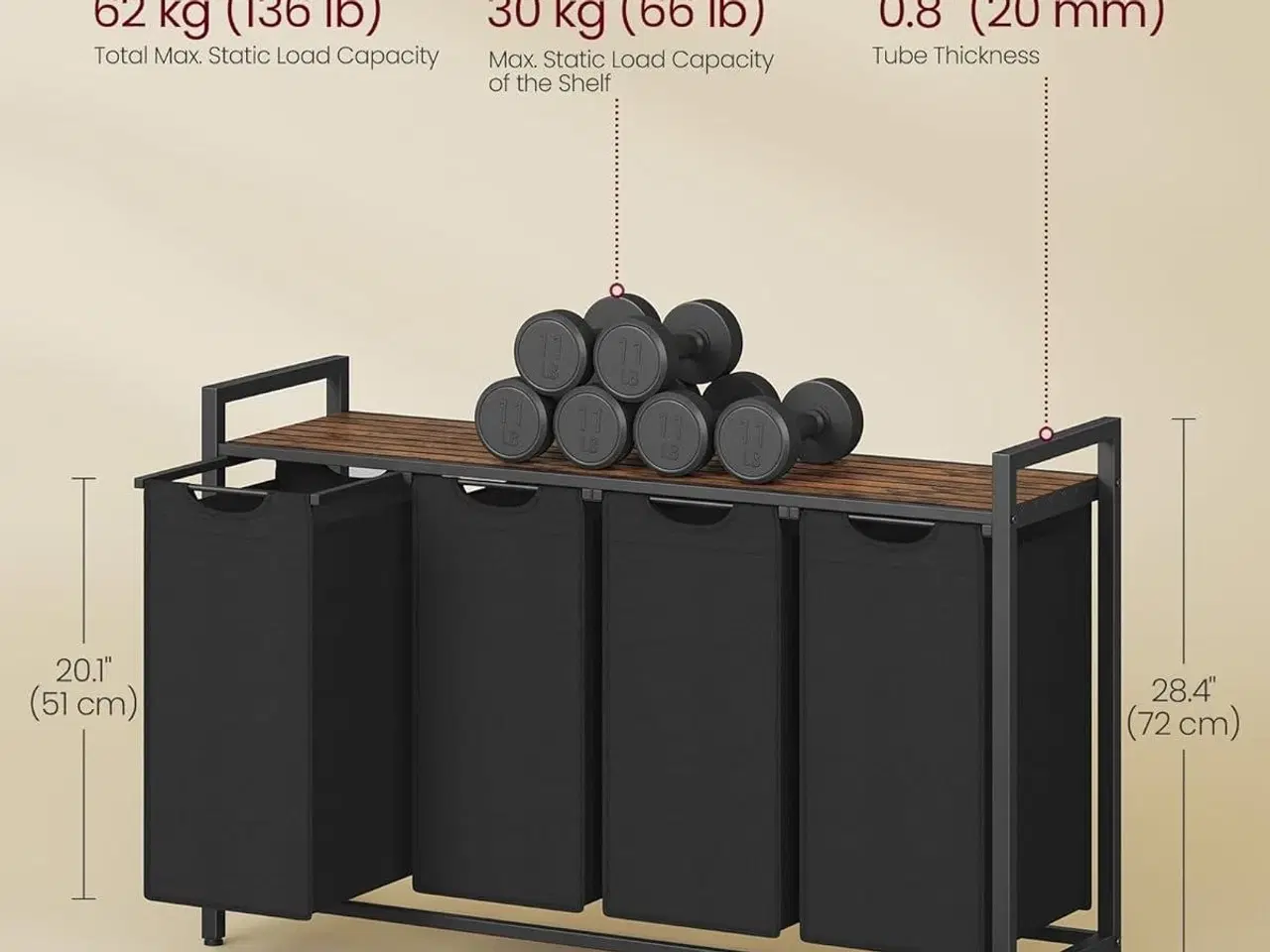 Billede 3 - Vasketøjskurv med 4 rum udtræk og aftagelige poser, sorteringssystem med hylde, metalramme, 4 × 40 l, 116 × 33 × 72 cm, rustik brun/sort