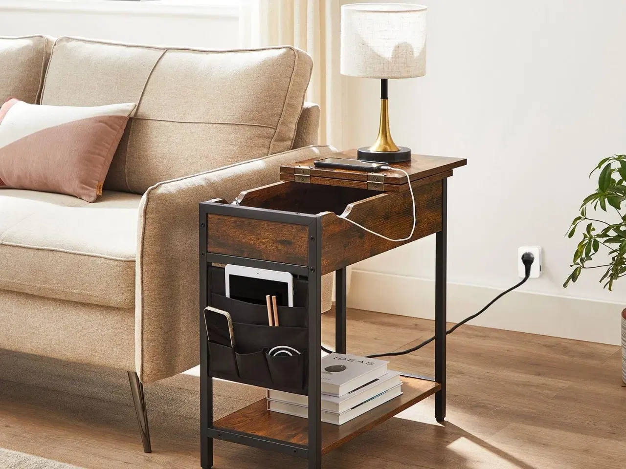 Billede 2 - Sofabord med stikkontakter sidebord, klapbord med hylde og stoflomme, vintage brun/sort