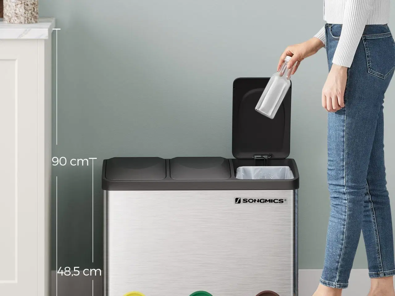Billede 7 - Skraldespand med pedal 45 l affaldssortering i rustfrit stål (3 x 15 l), sølv/sort