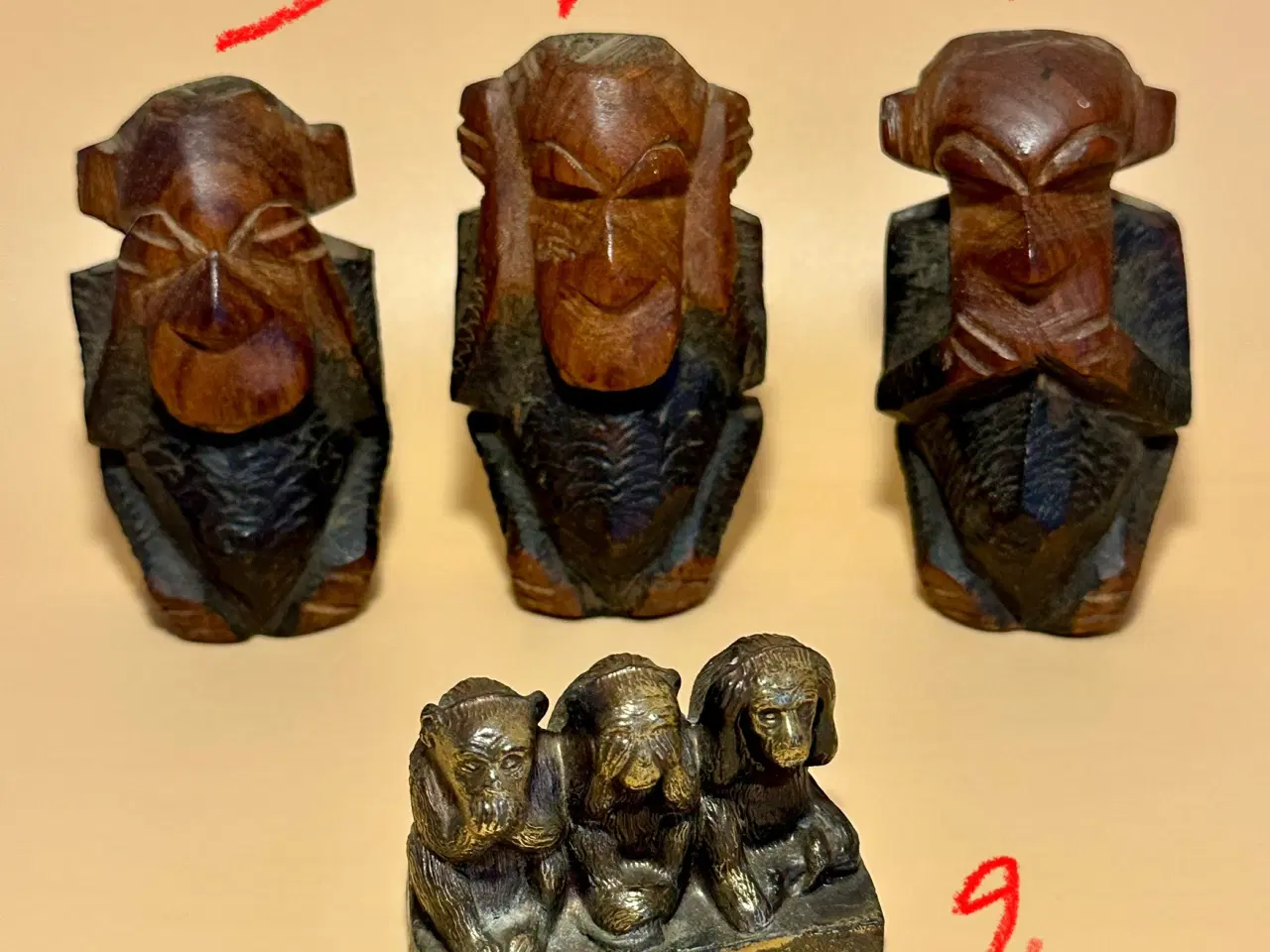 Billede 1 - Vintage håndlavede figurer Tre kloge aber