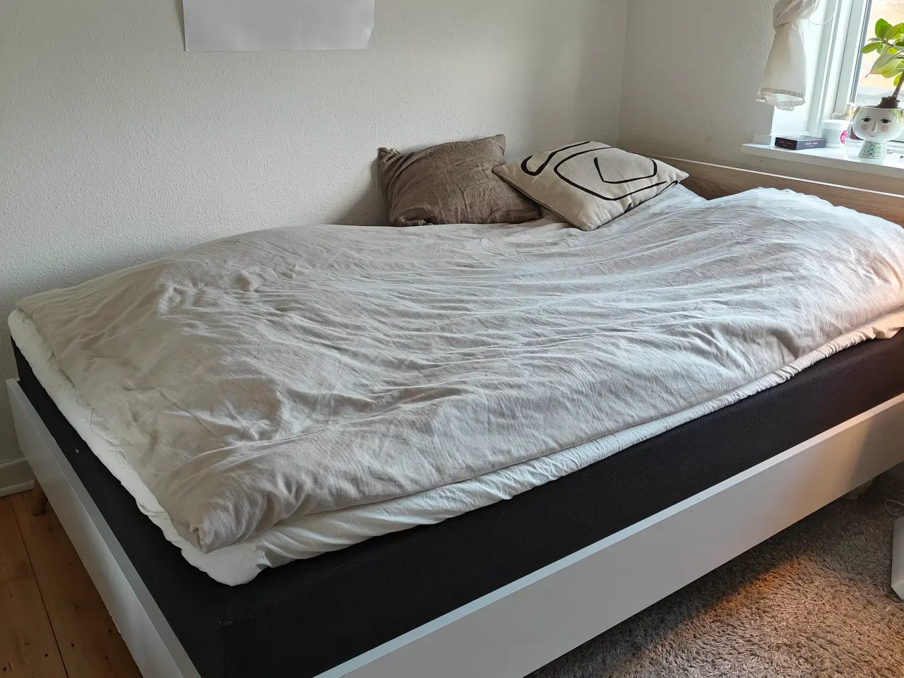 Billede 1 - Velholdt boxmadras med gavl i egetræ og hvidt seng