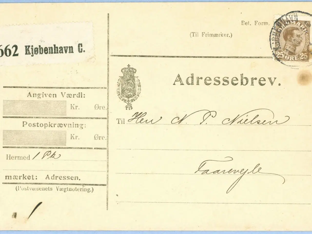 Billede 1 - Adressebrev til Faarevejle 1918