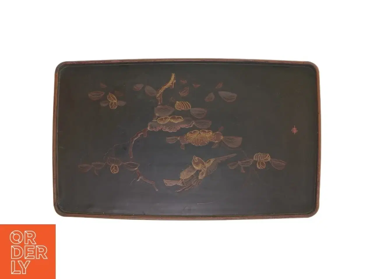 Billede 1 - Dekorativ kinesisk bakke med intarsia fuglemotiv (str. 32,5x19,5 cm)