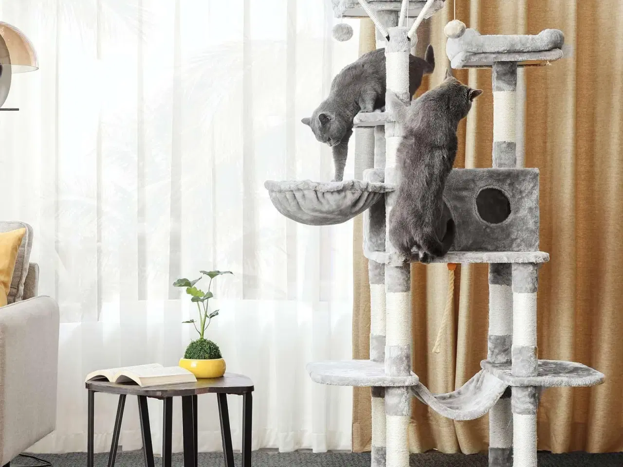 Billede 4 - Klatretræ til kat – FEANDREA, XXL kattetræ med hule, 164 cm, lysegrå
