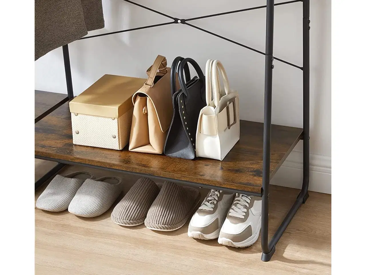 Billede 7 - Tøjstativ med hylder 5 niveauer, skohylde, 6 sidekroge, rustik brun/sort