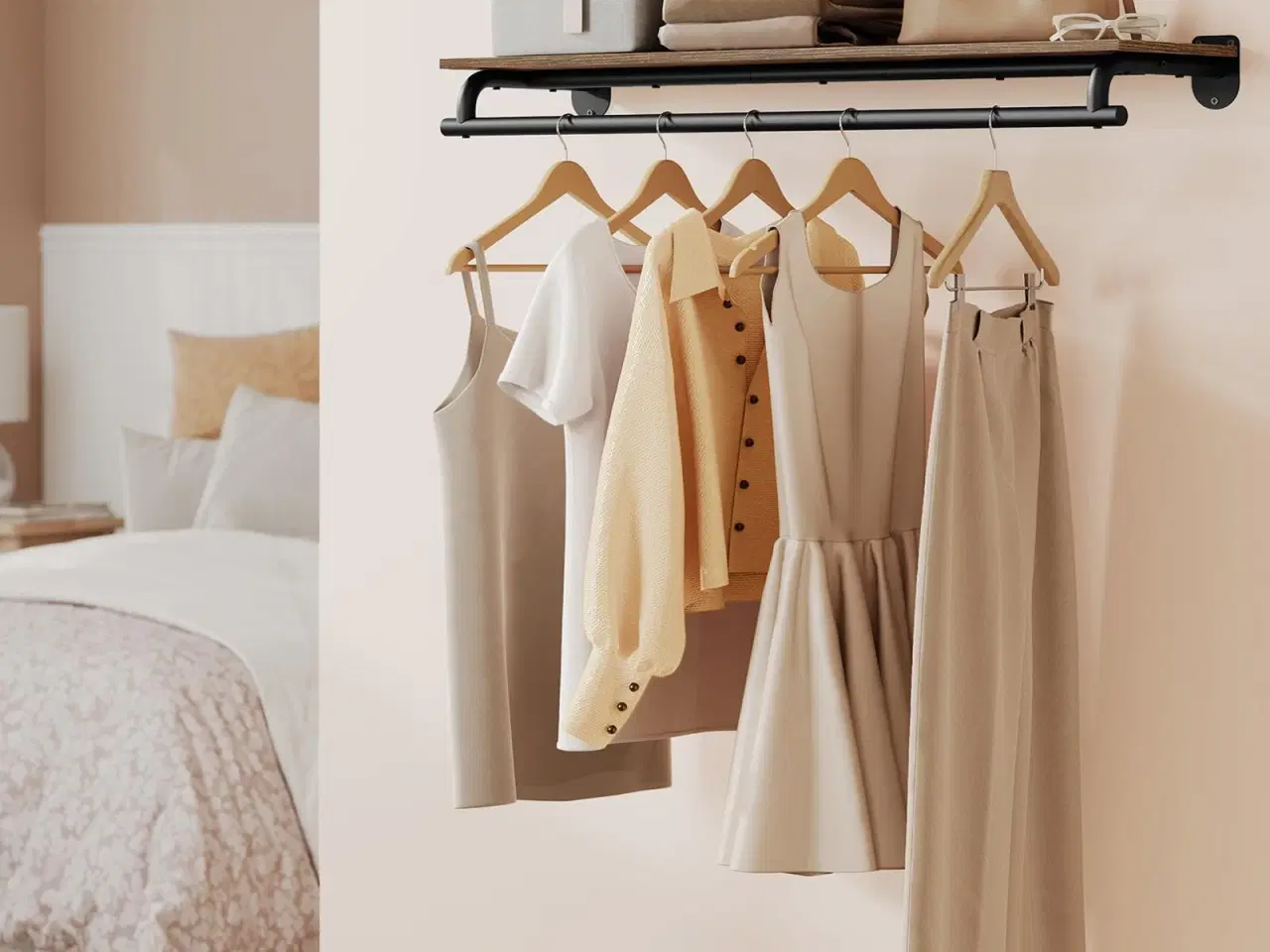 Billede 2 - Vægmonteret tøjstativ med hylde – 28 × 109 × 13,2 cm, rustik brun/sort, bæreevne 35 kg