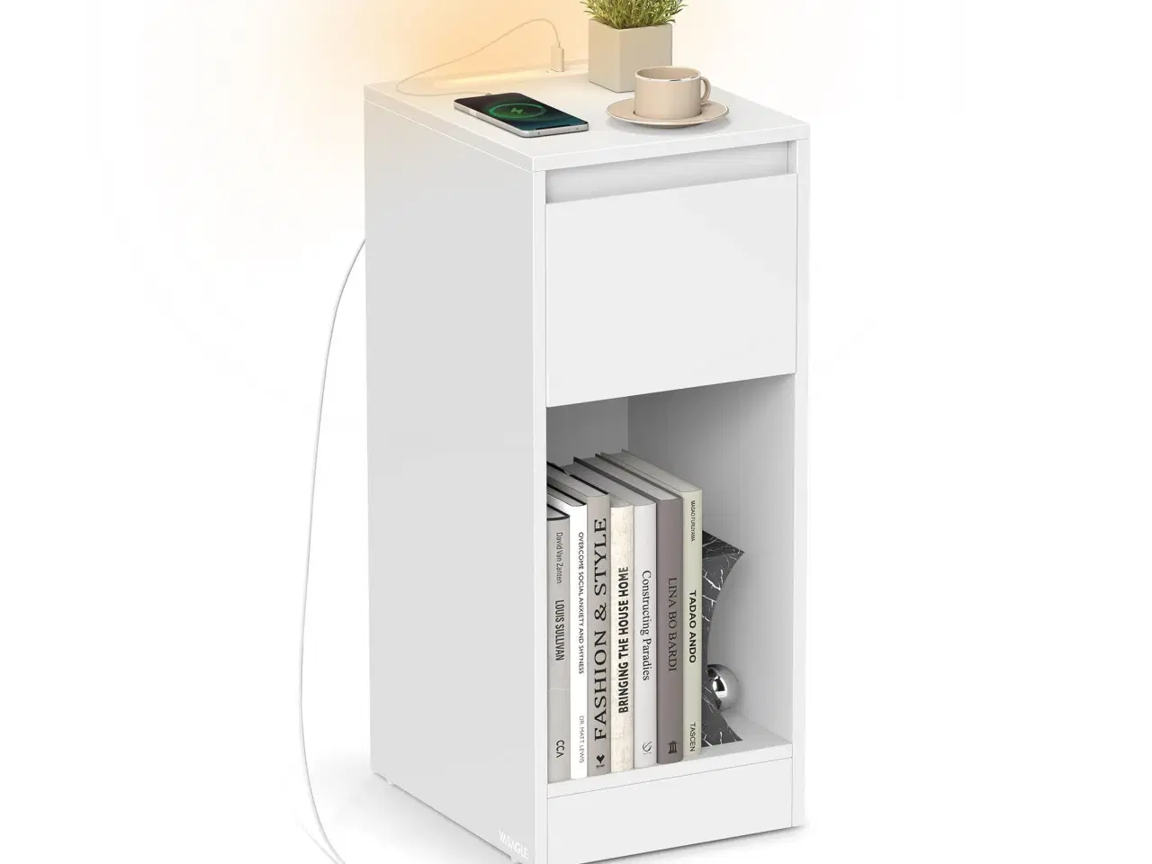 Billede 1 - Sengebord med LED-lys og strømudtag – pladsbesparende natbord, hvid