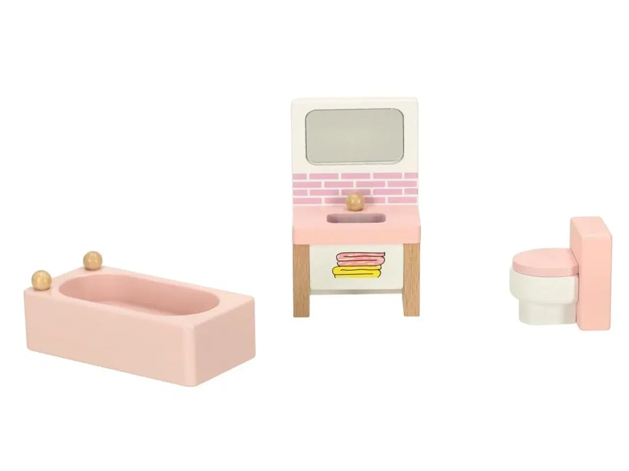 Billede 6 - Dukkehus møbler i træ – stue, soveværelse, badeværelse og køkken, lyserød – 22 dele
