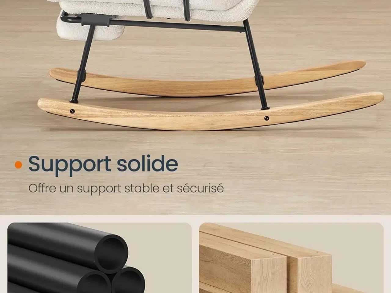 Billede 4 - Gyngestol HOME LYY016W01, justerbar ryglæn i 4 positioner, udtrækkelig fodstøtte, stålramme og gummitræslæbere, plys, 160 kg, cremehvid