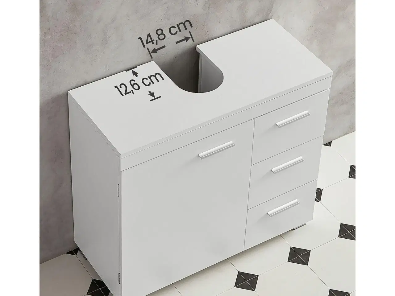 Billede 4 - Badeværelsesskab med skuffer 3 store skuffer, 2 rum bag låge, med ben, 30 × 70 × 64 cm, hvid