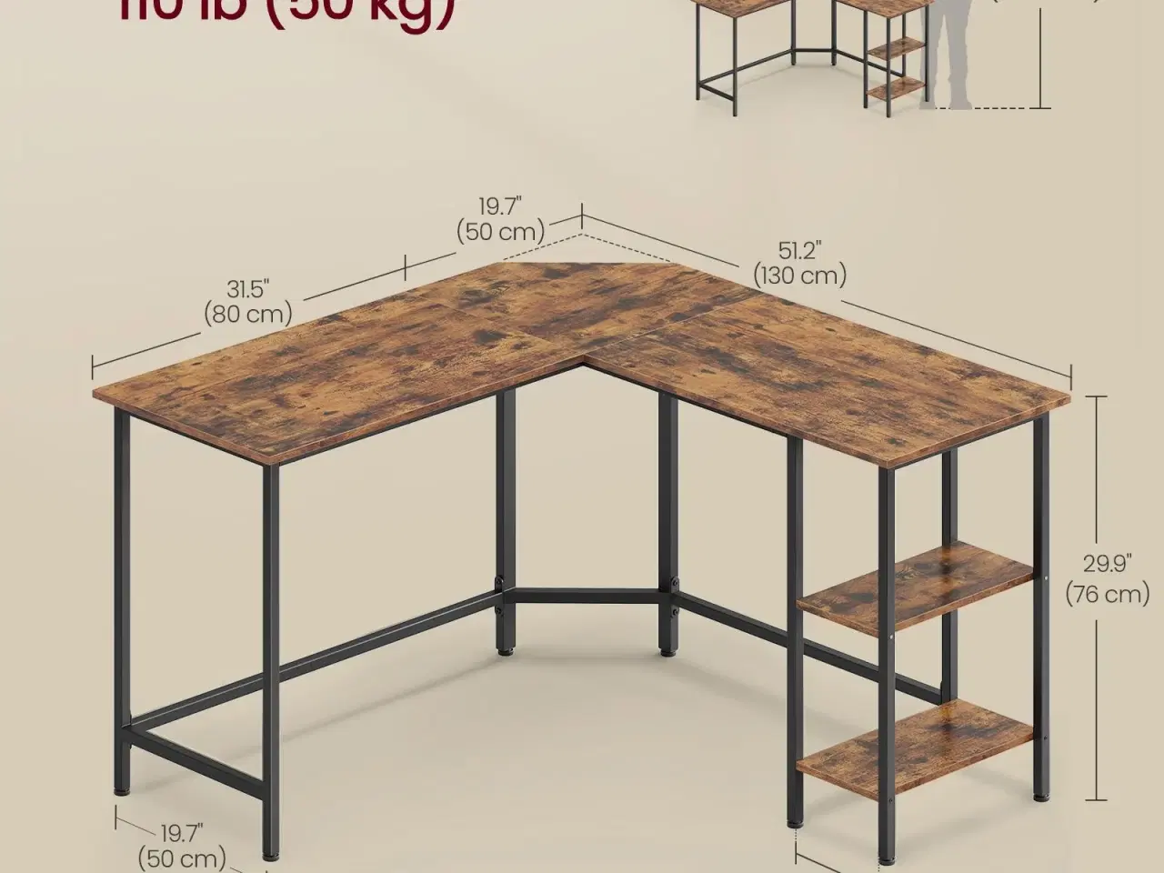 Billede 3 - L-formet hjørneskrivebord 130 × 130 × 76 cm med 2 hylder – rustik brun/sort